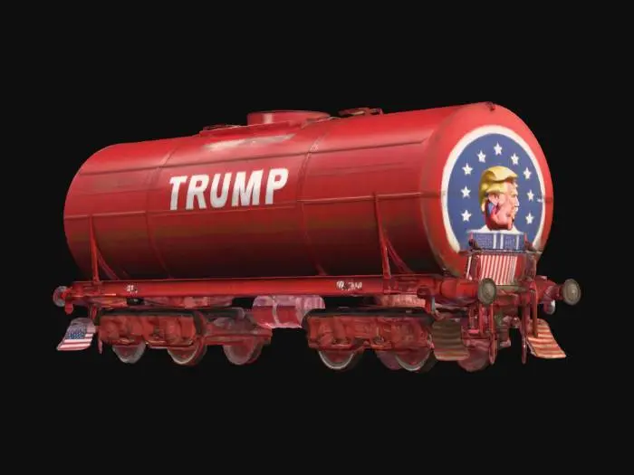 3D model for The object is a rectangular Campaign tanker-car with a predominantly red exterior, featuring textured panels and patriotic-themed graphics with a pictures of Donald-Trump on both sides, riding on metal wheels along train tracks, detailed wheels and wheel-axels. NVIDIA OptiX, Daz3D, Renderocity, intricate textures, deeply carved detail, highest quality, highest resolution, insane detailed, zbrush, Meshy-masterpiece, prize-winning, computerized fiber-optic lighting,