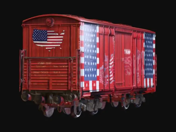 3D model for The object is a rectangular Campaign boxcar with a predominantly red exterior, featuring textured panels and patriotic-themed graphics with a pictures of Donald Trump on its sides, riding on metal wheels along train tracks, detailed wheels and wheel-axels. NVIDIA OptiX, Daz3D, Renderocity, intricate textures, deeply carved detail, highest quality, highest resolution, insane detailed, zbrush, Meshy-masterpiece, prize-winning, computerized Christmas fiber-optic lighting, #ChristmasAdventure#