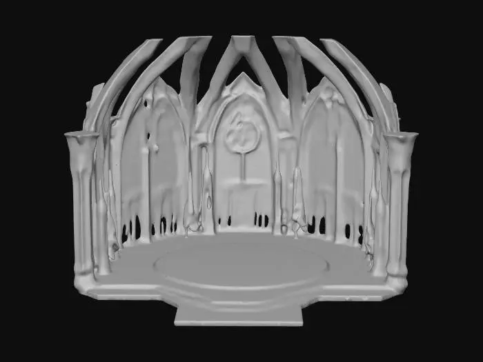 3D model for A life-size 64-meter by 64-meter, COEXIST mega-chapel interfaith crystal building made in a very unique style. it is a joint effort between Willy Wonka and North-pole City. Decorated sparingly for Winter Solstice. ornate carved windows, NVIDIA OptiX, Daz3D, Renderotica, precise textures, deeply carved detail, insane detailed, precise strait_lines, Meshy masterpiece, daytime Christmas lighting. precise texture symmetry, #ChristmasAdventure#