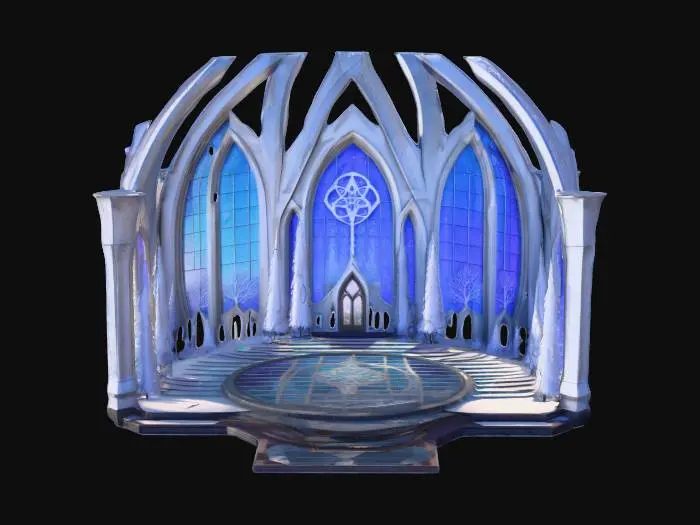 3D model for A life-size 64-meter by 64-meter, COEXIST mega-chapel interfaith crystal building made in a very unique style. it is a joint effort between Willy Wonka and North-pole City. Decorated sparingly for Winter Solstice. ornate carved windows, NVIDIA OptiX, Daz3D, Renderotica, precise textures, deeply carved detail, insane detailed, precise strait_lines, Meshy masterpiece, daytime Christmas lighting. precise texture symmetry, #ChristmasAdventure#