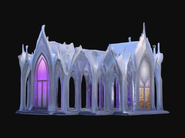 3D model for A life-size 64-meter by 64-meter, COEXIST mega-chapel interfaith crystal building made in a very unique style. it is a joint effort between Willy Wonka and North-pole City. Decorated sparingly for Winter Solstice. ornate carved windows, NVIDIA OptiX, Daz3D, Renderotica, precise textures, deeply carved detail, insane detailed, precise strait_lines, Meshy masterpiece, daytime Christmas lighting. precise texture symmetry, #ChristmasAdventure#