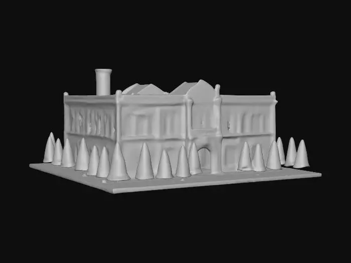 3D model for A life-size large gumdrop factory. Designed in the International style. it is a joint effort between Willy Wonka and North-pole City. Decorated sparingly for Winter Solstice. ornate carved windows, NVIDIA OptiX, Daz3D, Renderocity, precise window textures, deeply carved detail, insane detailed, precise strait_lines, Meshy masterpiece, daytime Christmas lighting. precise texture symmetry, #ChristmasAdventure#