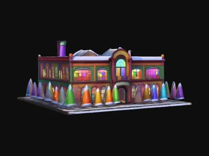 3D model for A life-size large gumdrop factory. Designed in the International style. it is a joint effort between Willy Wonka and North-pole City. Decorated sparingly for Winter Solstice. ornate carved windows, NVIDIA OptiX, Daz3D, Renderocity, precise window textures, deeply carved detail, insane detailed, precise strait_lines, Meshy masterpiece, daytime Christmas lighting. precise texture symmetry, #ChristmasAdventure#