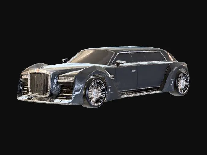 3D model for A detailed model of the presidential limousine in the future. 8K textures. clear details. intricate tire and undercarriage detail. obsidian-gloss paint-job, mirror-chrome rims, game-ready no reflections. Christmas theme, #Christmas2025#