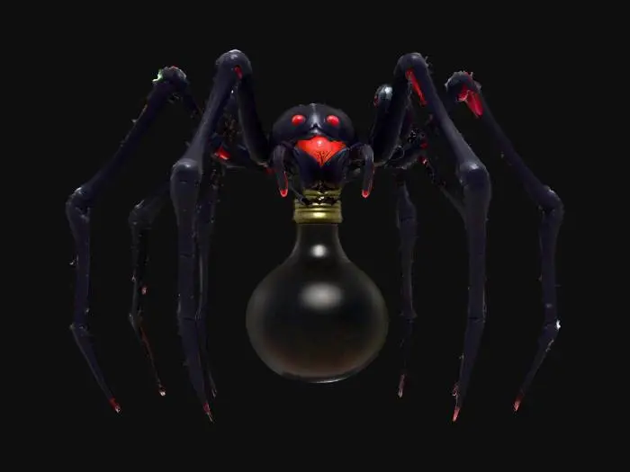 3D model for stylized black-widow spider with a Christmas bulb instead of an hourglass on her abdomen, ice tip legs, Lovecraftian horrific creature, NVIDIA OptiX, Renderotica, Daz3D, Renderocity, Ray Traced, Game Engine, highest quality, highest resolution, insane detailed, character design, z-brush, v-ray, Meshy masterpiece, prize winning, #chirstmas2025#