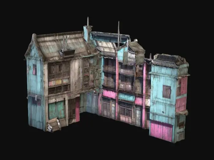 3D model for A life-size 120-meter tall. 50-meter long segment of a Residential structure in the slum of "Kowloon Walled City", historic ghetto, vivid colorization, NVIDIA OptiX, Daz3D, Renderocity, Ray Traced, precise textures, deeply carved detail, highest quality, highest resolution, insane detailed, z-brush, v-ray, good strait_lines, Meshy masterpiece, prize winning, best lighting. 8K, startling-details,