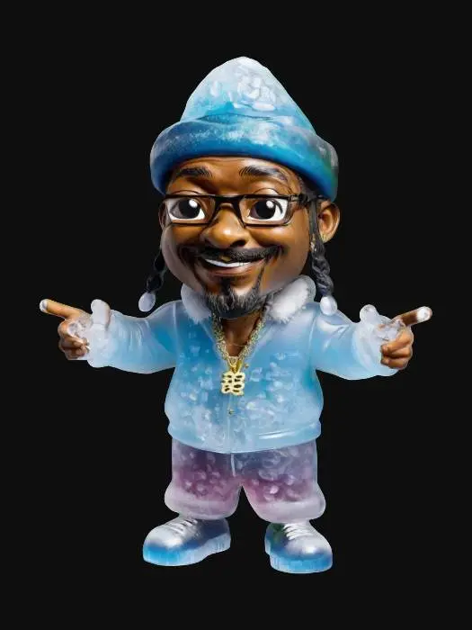 3D model for Design a life-size Snoop Dogg chibi figure. made of colored ice. his face is especially detailed, his expression is joyful and playful. This humorous figure should radiate warmth and festive charm, adding a touch of magic to the Christmas adventure. t-pose, #ChristmasAdventure#