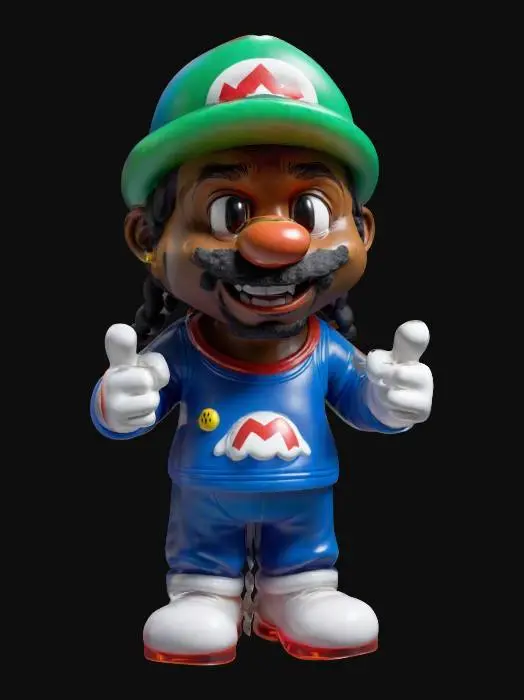 3D model for Design a life-size Snoop Dogg chibi figure. made of colored ice. his face is especially detailed, his expression is joyful and playful. This humorous figure should radiate warmth and festive charm, adding a touch of magic to the Christmas adventure. t-pose, #ChristmasAdventure#