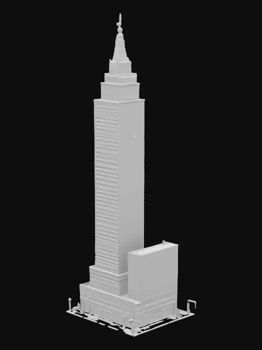 3D model for A life-size 256 meter tall dark_grey skyscraper building, the U S Steel Building, in downtown Pittsburg. Decorated for Christmas.  vivid Christmas colorization, NVIDIA OptiX, Daz3D, Renderocity, Ray Traced, precise textures, deeply carved detail, highest quality, highest resolution, insane detailed, z-brush, v-ray, good strait_lines, Meshy masterpiece, prize winning, Christmas lighting.  #ChristmasAdventure#