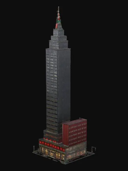 3D model for A life-size 256 meter tall dark_grey skyscraper building, the U S Steel Building, in downtown Pittsburg. Decorated for Christmas.  vivid Christmas colorization, NVIDIA OptiX, Daz3D, Renderocity, Ray Traced, precise textures, deeply carved detail, highest quality, highest resolution, insane detailed, z-brush, v-ray, good strait_lines, Meshy masterpiece, prize winning, Christmas lighting.  #ChristmasAdventure#