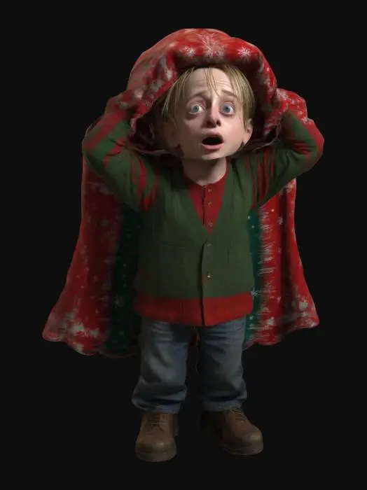 3D model for A life-size Macaulay Culkin, Kevin McCallister as a stylized young urchin wild_boy who has wrapped a Christmas themed blanket over his head. "William S. Burroughs" Interzone theme. he is singing Christmas carols, #ChristmasAdventure# vivid Christmas colorization, NVIDIA OptiX, Daz3D, Renderocity, Ray Traced, rough textures, deeply carved detail, highest quality, highest resolution, insane detailed, z-brush, v-ray, Meshy masterpiece, Meshy prize winning, Christmas lighting.
