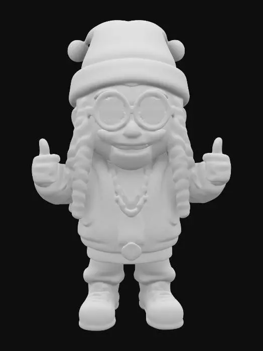 3D model for Design a life-size Snoop Dogg chibi figure. made of colored ice. his face is especially detailed, his expression is joyful and playful. he is smoking a huge joint. This humorous figure should radiate warmth and festive charm, adding a touch of magic to the Christmas adventure. t-pose, #ChristmasAdventure#