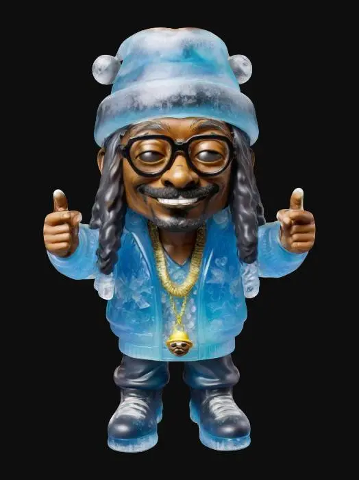 3D model for Design a life-size Snoop Dogg chibi figure. made of colored ice. his face is especially detailed, his expression is joyful and playful. he is smoking a huge joint. This humorous figure should radiate warmth and festive charm, adding a touch of magic to the Christmas adventure. t-pose, #ChristmasAdventure#