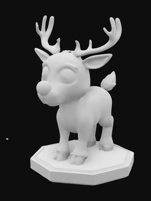 3D model for a stylized life-size character of "Rudolph the Red Nose reindeer" in the Rankin/Bass stop-motion style.  NVIDIA OptiX, deeply carved detail, Highly detailed. Well-lit, highest quality, highest resolution, insane detailed, game asset, on an LED lit hexagonal Christmas base. , #ChristmasAdventure#