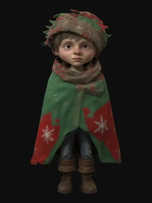 3D model for A stylized young wild_boy who has wrapped a Christmas themed blanket over his head. "William S. Burroughs" Interzone theme. #ChristmasAdventure# vivid Christmas colorization, NVIDIA OptiX, Daz3D, Renderocity, Ray Traced, rough textures, deeply carved detail, highest quality, highest resolution, insane detailed, z-brush, v-ray, Meshy masterpiece, prize winning, Christmas lighting.