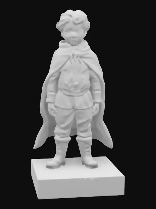 3D model for a life-size figure of a little boy dressed in ornate sky-clad Winter Solstice clothing, standing and forming the X with his arms, leg, and body. he is standing on a square stage block with white light shining inside. NVIDIA OptiX, Renderotica, Daz3D, Renderocity, Ray Traced, rough textures, deeply carved detail, highest quality, highest resolution, insane detailed, z-brush, v-ray, Meshy masterpiece, prize winning, Christmas lighting. #ChristmasAdventure#