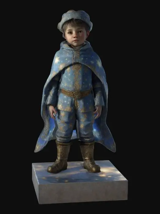 3D model for a life-size figure of a little boy dressed in ornate sky-clad Winter Solstice clothing, standing and forming the X with his arms, leg, and body. he is standing on a square stage block with white light shining inside. NVIDIA OptiX, Renderotica, Daz3D, Renderocity, Ray Traced, rough textures, deeply carved detail, highest quality, highest resolution, insane detailed, z-brush, v-ray, Meshy masterpiece, prize winning, Christmas lighting. #ChristmasAdventure#