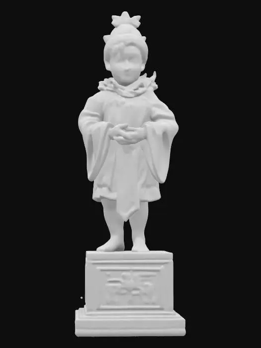 3D model for a life-size figure of a little boy dressed in ornate sky-clad Winter Solstice clothing, standing and forming the X with his arms, leg, and body. he is standing on a square stage block with white light shining inside. NVIDIA OptiX, Renderotica, Daz3D, Renderocity, Ray Traced, rough textures, deeply carved detail, highest quality, highest resolution, insane detailed, z-brush, v-ray, Meshy masterpiece, prize winning, Christmas lighting. #ChristmasAdventure#