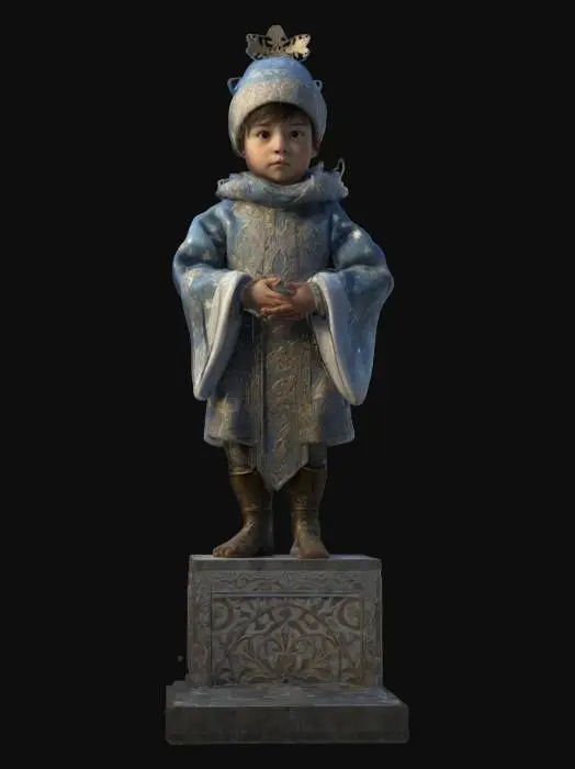 3D model for a life-size figure of a little boy dressed in ornate sky-clad Winter Solstice clothing, standing and forming the X with his arms, leg, and body. he is standing on a square stage block with white light shining inside. NVIDIA OptiX, Renderotica, Daz3D, Renderocity, Ray Traced, rough textures, deeply carved detail, highest quality, highest resolution, insane detailed, z-brush, v-ray, Meshy masterpiece, prize winning, Christmas lighting. #ChristmasAdventure#