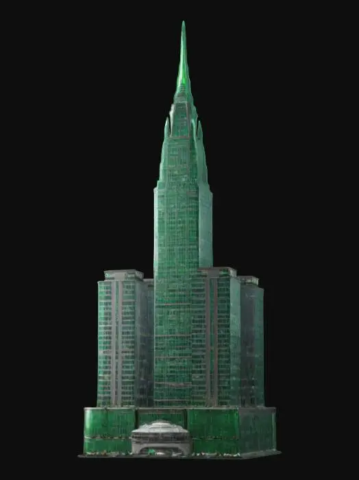 3D model for A life-size giant skyscraper complex that looks similar to the Chrysler Building. it is HQ for the Wiz!. Decorated sparingly for Christmas. ornate jagged carved emerald spire, NVIDIA OptiX, Daz3D, Renderocity, Ray Traced, precise window textures, deeply carved detail, highest quality, highest resolution, insane detailed, z-brush, v-ray, good strait_lines, Meshy masterpiece, prize winning, daytime Christmas lighting.  #ChristmasAdventure#