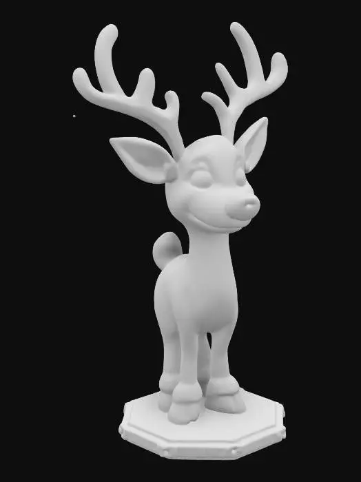 3D model for a stylized life-size character of "Rudolph the Red Nose reindeer" in the Rankin/Bass stop-motion style.  The iconic fawn that saved Christmas. intricately anatomically-correct male with an asshole in the correct place. NVIDIA OptiX, deeply carved detail, Highly detailed. Well-lit, highest quality, highest resolution, insane detailed, game asset, on a hexagonal Christmas base lit by fiber-optics, #ChristmasAdventure#