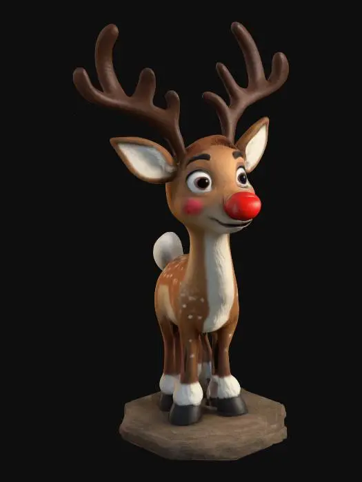 3D model for a stylized life-size character of "Rudolph the Red Nose reindeer" in the Rankin/Bass stop-motion style.  The iconic fawn that saved Christmas. intricately anatomically-correct male with an asshole in the correct place. NVIDIA OptiX, deeply carved detail, Highly detailed. Well-lit, highest quality, highest resolution, insane detailed, game asset, on a hexagonal Christmas base lit by fiber-optics, #ChristmasAdventure#
