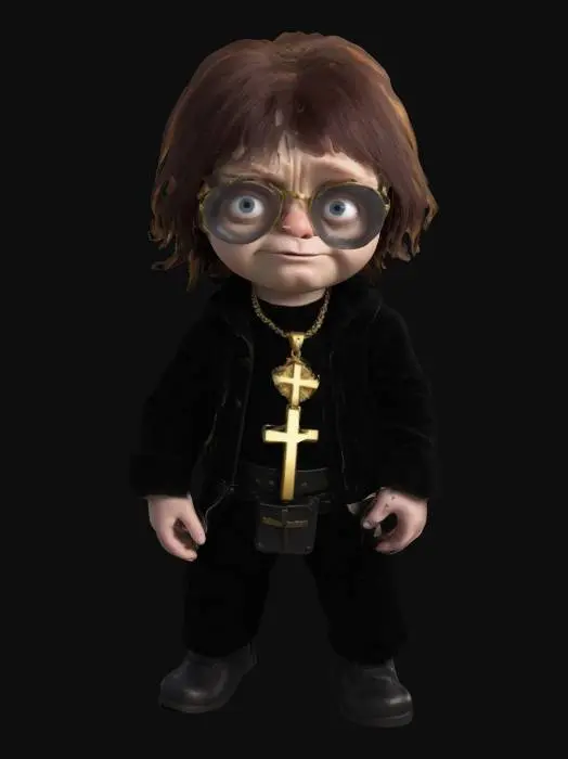 3D model for life-size, full-body, age regressed to a little boy, Ozzy-Osbourne as a Family-Guy character, Ozzy as a little boy, wearing a classic Black Sabbath outfit, with a large gold cross necklace, surrounded by winter solstice special effects. groundbreaking NVIDIA graphics, #ChristmasAdventure#