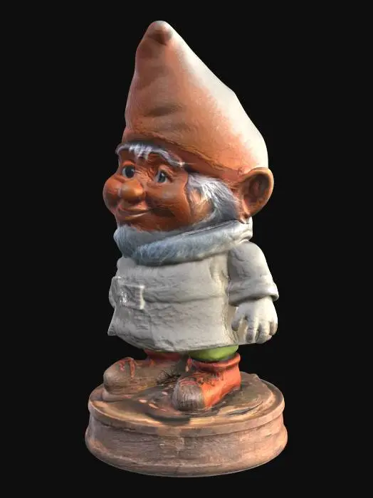 3D model for The object is a textured, three-dimensional figure of a young oompa loompa resembling a Winter Solstice gnome with a smooth cute face, a male gnome wearing wooden shoes and a pointy hat, #ChristmasAdventure#