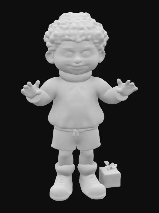 3D model for life-size, full-body, 3-meters tall. age regressed to a little boy, Richard-Simmons as a Family-Guy character, he is a cute little kid, surrounded by winter solstice special effects. he isn't wearing glasses and does not have elf ears. ridicules' pose. groundbreaking NVIDIA graphics, #ChristmasAdventure#