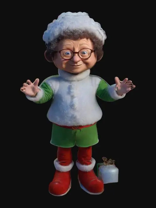 3D model for life-size, full-body, 3-meters tall. age regressed to a little boy, Richard-Simmons as a Family-Guy character, he is a cute little kid, surrounded by winter solstice special effects. he isn't wearing glasses and does not have elf ears. ridicules' pose. groundbreaking NVIDIA graphics, #ChristmasAdventure#