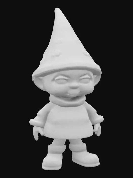 3D model for The object is a textured, three-dimensional figure of a young oompa loompa resembling a Winter Solstice gnome with a smooth cute face, a male gnome wearing wooden shoes and a pointy hat, #ChristmasAdventure#