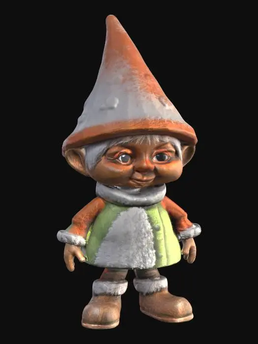 3D model for The object is a textured, three-dimensional figure of a young oompa loompa resembling a Winter Solstice gnome with a smooth cute face, a male gnome wearing wooden shoes and a pointy hat, #ChristmasAdventure#