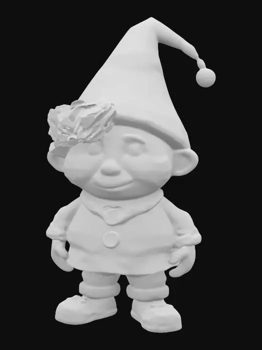 3D model for The object is a textured, three-dimensional figure of a young oompa loompa resembling a Winter Solstice gnome with a smooth cute face, a male gnome wearing wooden shoes and a pointy hat, #ChristmasAdventure#
