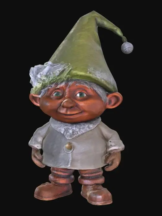 3D model for The object is a textured, three-dimensional figure of a young oompa loompa resembling a Winter Solstice gnome with a smooth cute face, a male gnome wearing wooden shoes and a pointy hat, #ChristmasAdventure#