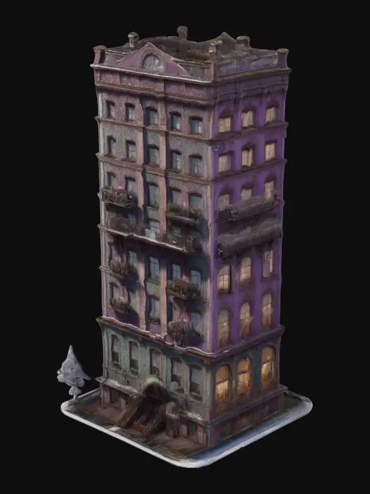 3D model for A life-size 52-meter / 15-story high apartment building designed in a very unique style. it is a joint effort between Willy Wonka and North-pole City. Decorated sparingly for Winter Solstice. ornate carved windows, NVIDIA OptiX, Daz3D, Renderocity, precise window textures, deeply carved detail, insane detailed, precise strait_lines, Meshy masterpiece, daytime Christmas lighting. precise texture symmetry, #ChristmasAdventure#