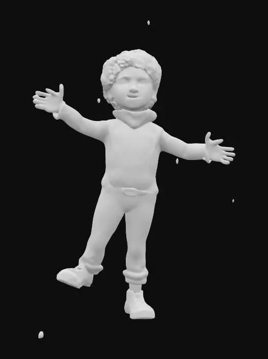 3D model for life-size, full-body, 3-meters tall. age regressed to a little boy, Richard-Simmons as a Family-Guy character, he is a cute little kid, surrounded by winter solstice special effects. he isn't wearing glasses and does not have elf ears. ridicules' pose. groundbreaking NVIDIA graphics, #ChristmasAdventure#