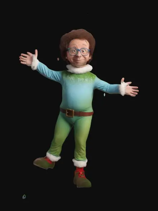 3D model for life-size, full-body, 3-meters tall. age regressed to a little boy, Richard-Simmons as a Family-Guy character, he is a cute little kid, surrounded by winter solstice special effects. he isn't wearing glasses and does not have elf ears. ridicules' pose. groundbreaking NVIDIA graphics, #ChristmasAdventure#