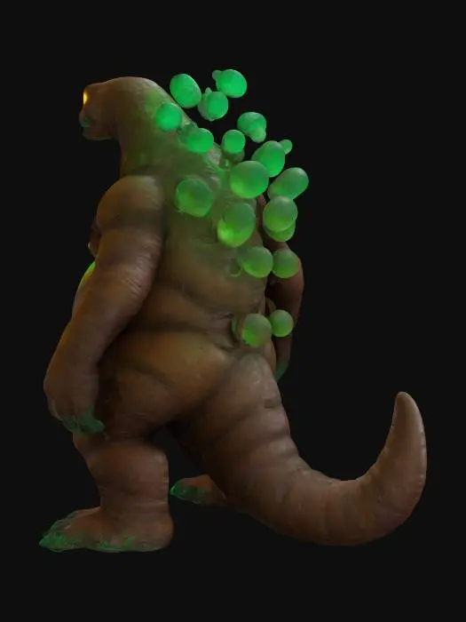 3D model for Poopzilla, a giant turd kaiju. It's leathery hide is textured and colored like nasty poop. old leather like skin with cracks along its body revealing a bioluminescent green glow from within. He is surrounded by bioluminescent toxic fumes. as he walks he leaves a trail of toxic sludge. Poopzilla's tail and limbs are highly textured.