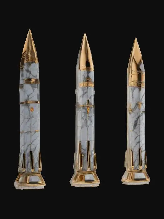 3D model for Three life-size missiles white with gold marble. set to launch any second now.