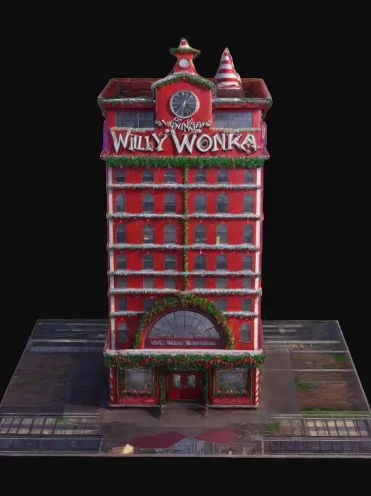 3D model for Das Bürogebäude der Willy Wonka Company im Stil der Weihnachtsindustrialisierung. 137 Meter hoch, lebendige Weihnachtskolorierung, NVIDIA OptiX, Renderotica, Daz3D, Renderocity, Ray Traced, tief eingravierte Details, höchste Qualität, höchste Auflösung, wahnsinnig detailliert, Z-Brush, V-Ray, Meshy-Meisterwerk, preisgekrönt, Weihnachtsbeleuchtung. Straßen an der Basis. Keine Fahrzeuge auf den Straßen. #ChristmasAdventure#