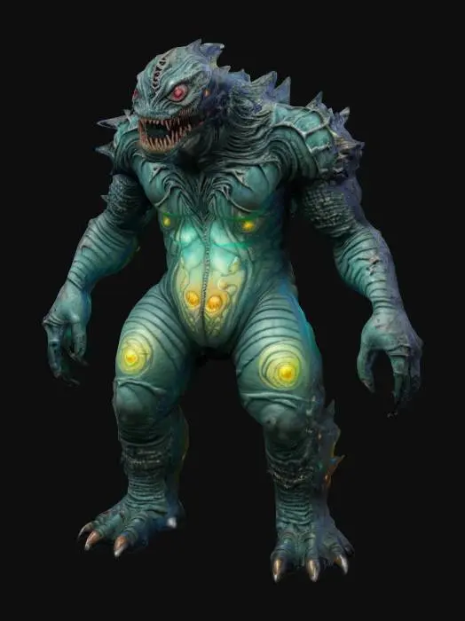 3D model for a life-size 10-meter high Giant sludge kaiju, ヘドラaka Hedorah. Ornate putrid skin flaps. ヘドラ is towering over a large pollution factory model decorated with fiber-optics for Winter Solstice. The creature is made of colored glass and its anatomy can be seen encased with in its smooth glass body. #ChristmasAdventure#