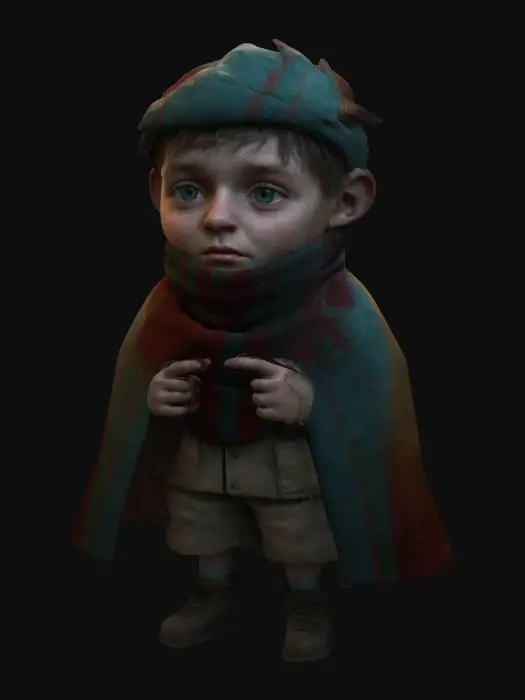 3D model for A stylized young wild_boy who has wrapped a Christmas themed blanket over his head. "William S. Burroughs" Interzone theme. Standing on the side of the road, begging. #ChristmasAdventure# vivid Christmas colorization, NVIDIA OptiX, Daz3D, Renderocity, Ray Traced, rough textures, deeply carved detail, highest quality, highest resolution, insane detailed, z-brush, v-ray, Meshy masterpiece, Meshy prize winning, Christmas lighting.