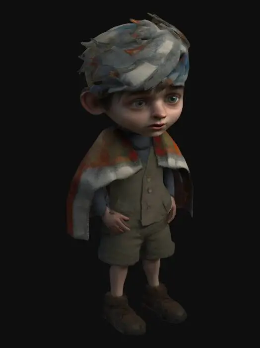 3D model for A stylized young wild_boy who has wrapped a Christmas themed blanket over his head. "William S. Burroughs" Interzone theme. Standing on the side of the road, begging. #ChristmasAdventure# vivid Christmas colorization, NVIDIA OptiX, Daz3D, Renderocity, Ray Traced, rough textures, deeply carved detail, highest quality, highest resolution, insane detailed, z-brush, v-ray, Meshy masterpiece, Meshy prize winning, Christmas lighting.