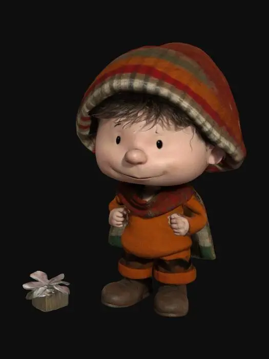 3D model for create Charlie Brown as if he was a real boy as a stylized young urchin wild_boy who has wrapped a Christmas themed blanket over his head. "William S. Burroughs" Interzone theme. he is singing Christmas carols, #ChristmasAdventure# vivid Christmas colorization, NVIDIA OptiX, Daz3D, Renderocity, Ray Traced, rough textures, deeply carved detail, highest quality, highest resolution, insane detailed, z-brush, v-ray, Meshy masterpiece, Meshy prize winning, Christmas lighting.