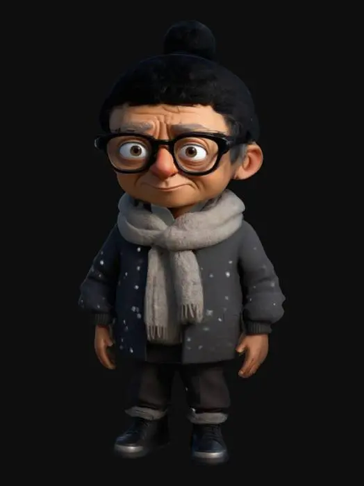 3D model for life-size, full-body, age regressed to a little boy, Jeff-Goldblum as a Family-Guy character with thick black glasses, surrounded by winter solstice special effects. groundbreaking NVIDIA graphics,