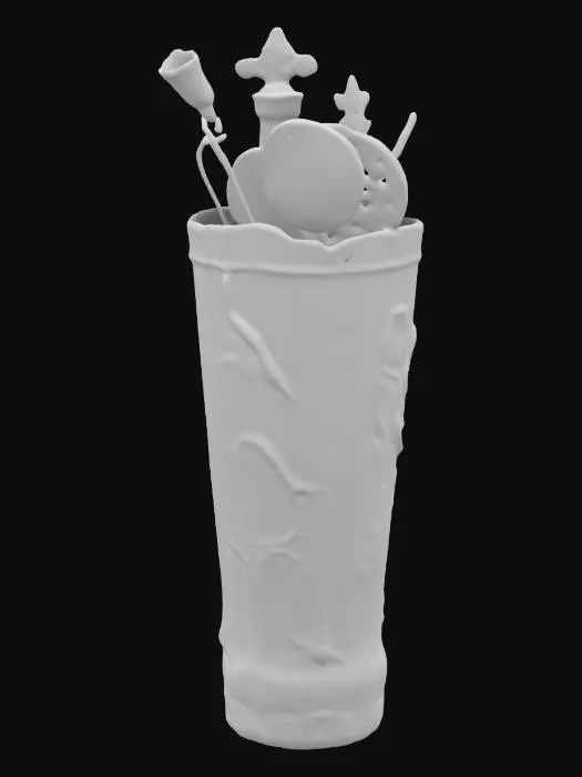 3D model for A super-sized 1-meter elaborate luxury cocktail. incorporate expensive whiskies that are, gold white, and/or silver. also decorated sparingly for Winter Solstice. ornate carved ice, NVIDIA OptiX, Daz3D, Renderocity, intricate textures, deeply carved detail, insane detailed, precise strait_lines, Meshy masterpiece, daytime lighting. precise texture symmetry,