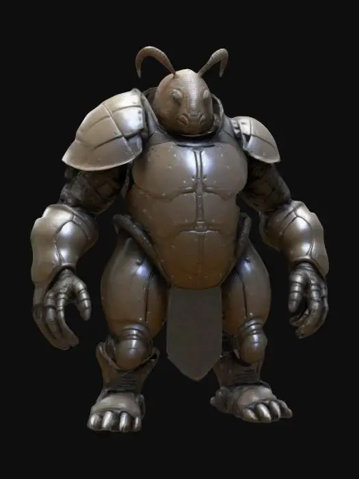 3D model for Humanoid exoskeleton armored pillbug / armadillo character from Chronoforge. Game-Asset, Highly-Detailed, Ultra-Realistic, Body, A-pose, Full Body, ARMS AWAY FROM THE BODY , detailed face , no hair , no fur , game , no gun , the Praetor Suit  ,  doom Helmet , doom Gauntlets, The armor typically has a dark, metallic color palette, often with touches of red, gold, or green that suggest both ancient power and advanced technology.  #ChronoForgeWeapon#