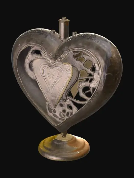 3D model for hand-blown mechanical glass anatomically-correct heart made of uranium-glass, brass, silver, and gold gears and cogs spin within the heart.