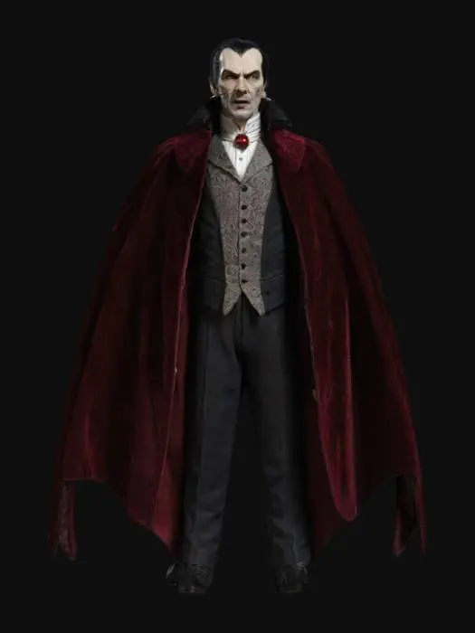 3D model for Please create a 1-meter masterpiece figure of Count-Dracula from the movie "Bram Stoker's Dracula", his face a garments should be highly detailed, museum quality textures and detail. Dracula is an elegant, darkly charismatic aristocrat. He has a tall, lean build and is often seen wearing extravagant, old-fashioned attire, such as dark, velvet suits with rich textures, flowing red cape. His face is sharp, His hair is slicked back, and his pale complexion only enhances his otherworldly aura.