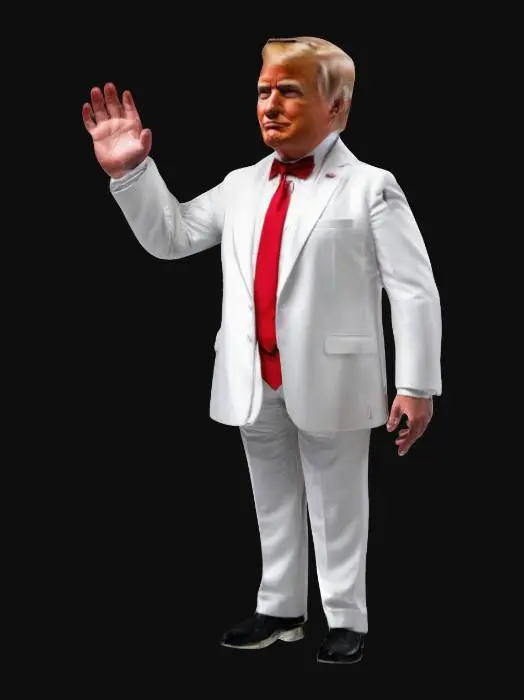 3D model for President Donald Trump in a silver-white tuxedo, wearing a red tie. in a striking presidential pose. , #valentine#